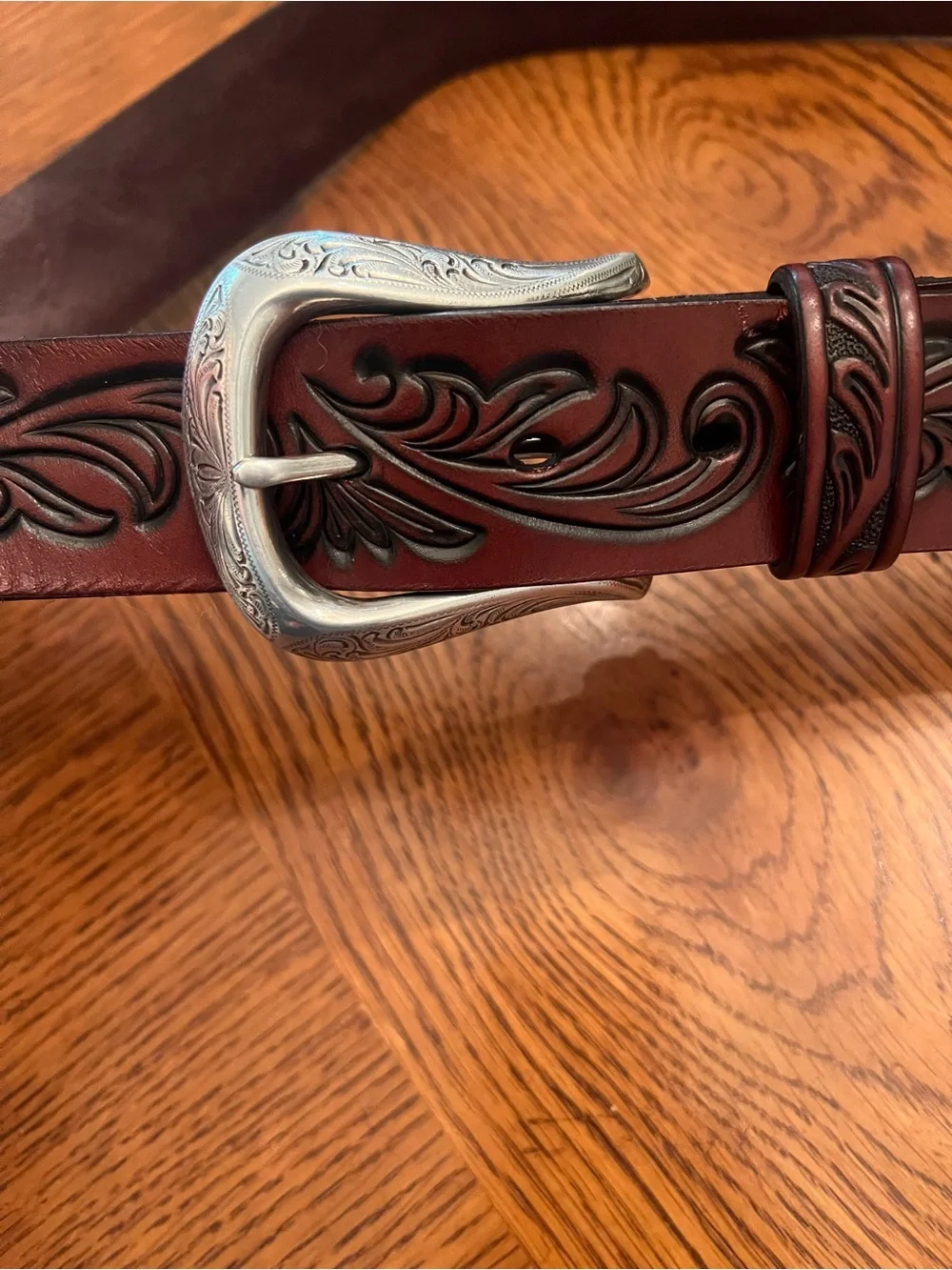 Ariat Tooled Brown Leather Belt with Engraved Silver Buckle